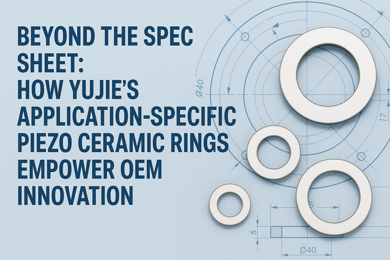 ما وراء ورقة المواصفات: أربع حلقات سيراميك كهرضغطية مصممة بدقة بأحجام مختلفة (Ø40، Ø17) معروضة على مخطط هندسي تقني مع مواصفات الأبعاد لابتكار OEM | Yujie