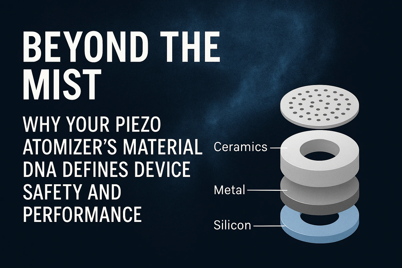 مكونات مادة رذاذ البيزو تظهر السيراميك والشبكة المعدنية وطبقات السيليكون | Yujie Technology