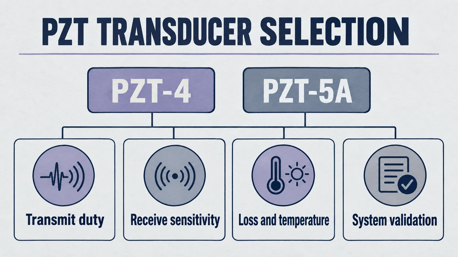 رسم توضيحي يلخص موضوع المقال: PZT-4 مقابل PZT-5A في تصميم المحول بالموجات فوق الصوتية: قدرة الإرسال مقابل حساسية الاستقبال